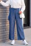 Wide Leg Elastic Waist Lace Detailed Jeans - Dark Blue