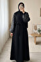 Imported Lycra Crepe Dress with Sequined Sleeves and Belt - Black