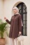 Oval Cut Long Shirt with Hidden Buttons -Brown