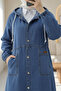 Height-Buttoned Hooded Fold-Over Pocketed Denim Coat - Blue