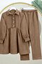 Ruffled Front Half Button Linen Suit - Brown