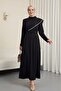Stone Embroidered Belted Crepe Dress -Black