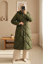 Beli Belted Front Snap Button Hooded Lined Long Quilted Coat - Khaki