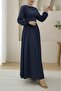 Poplin Dress with Gathered Front, Elasticated Sleeves and Zipper - Navy