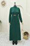 Belted Stand Collar Lycra Long Dress - Emerald