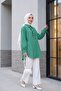 Lace-Up Sleeve Striped Shirt Tunic with Ruffles on the Front - Emerald Green - 4