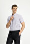 Short Sleeve Regular Fit Patterned Button Collar Cotton Linen Blended Shirt