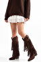 Brown Matte Suede Tasseled Buckle Western Cowboy Boots - 5