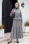 Buttoned Front, Elastic Sleeves, Tunnel Lacing, Linen Look Suit - Gray - 3