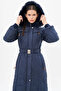 Stand Collar Zipper Detailed Quilted Anorak Coat Dark Navy Blue - 4