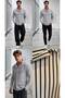 Men's Black-White Striped Waffle Fabric Long Sleeve Shirt - 5
