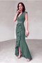 Women's Scuba Crepe Fabric Double-Breasted Collar Skirt Flounce Belt Stone Green Evening Dress Graduation Wedding Dress - 4