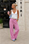 Women's Striped Elastic Waist Summer Viscose Trousers Pink - 2