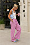 Women's Striped Elastic Waist Summer Viscose Trousers Pink - 3