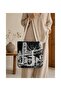 Women's Landscape Patterned Woven Shoulder Bag Daily Tote Bag - Black and White Köprü Manz - 3