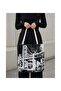 Women's Landscape Patterned Woven Shoulder Bag Daily Tote Bag - Black and White Köprü Manz - 4