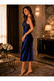 Navy Blue Satin Lace Backless Long Nightgown - 4