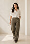 Women's Light Brown Line Patterned Linen Shirt with Folded Sleeves New Season - 3