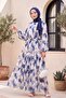 Patterned Lace-Up Lined Segmented Chiffon Dress -Indigo