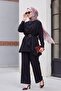 Asymmetrical Cut Trousers Lined Belted Cupra Set - Black