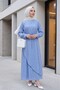 Double Layered Waist-Tied Brooch Lined Linen Look Dress - Blue - 5