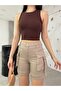 Beige Cargo Pocket High Waist Stretchy Denim Shorts - 2
