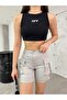 High Waist Stretch Denim Shorts with Stone Cargo Pockets - 2