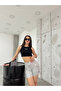 High Waist Stretch Denim Shorts with Stone Cargo Pockets - 7