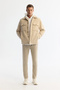 Men's Beige Classic Collar Windproof Plush Comfort Fit Coat with Thermometer A42Y6085 - 8