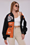 Women's Oversize Printed Leather Biker Coat Zippered Racer Jacket Lined Bomber College Coat - 3