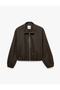 Long Sleeve Stand Collar Striped Bomber Jacket with Zipper Pockets - 5