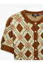 Buttoned Crew Neck Short Sleeve Knitwear Argyle Patterned Cardigan - 7