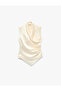 Asymmetrical Detailed Sleeveless Double Breasted Collar Gathered Satin Blouse - 6