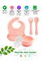 Silicone Feeding Set, Vacuum Lid Food Bowl, Silicone Bib, Silicone Spoon and Fork / Pink