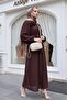 Brooch Detailed Belted Lined Balloon Sleeve Tulle Voile Dress -Plum - 3