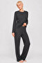 100% Cotton Anthracite Soft Textured Ribbed Long Sleeve Women's Pajama Set - 4