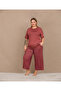 Plus size viscose chic design butterfly pattern burgundy short sleeve capri set - 2