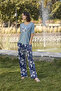 Flower and Leaf Patterned and Printed Pajama Sets - 2