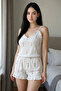 Stylish Design White Floral Patterned Top and Strappy Shorts Pajama Set