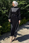 Women's Satin Evening Dress with Rose Figures on the Sleeves and Waist Belt