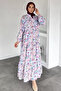 Patterned Summer Hijab Dress with Elasticated Sleeves and Front Button Detail