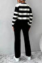 Women's Color-Blocked Front-Button Knitwear Cardigan Trousers Two-Piece Set - 2