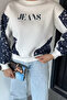 Gülseli Women's Crew Neck Embroidered Front and Denim Trimmed Embellished Sweatshirt - 3