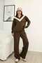 Women's Coffee V Detailed Half Zipper and Stripe Detailed Pants Set