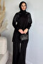 Crew Neck Stone Embroidered Tunic Elastic Waist Pants Hijab Double Set - 2