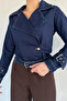 Women's Double-Breasted Collar Belt Detailed Jean Denim Jacket - 3