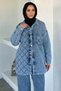 Women's Single Pocket Stone Detailed Jean Denim Jacket Pants Hijab Two-Piece Set - 5