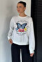 Women's Crew Neck Butterfly Printed Stone Embroidered Sweatshirt