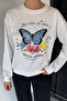 Women's Crew Neck Butterfly Printed Stone Embroidered Sweatshirt - 2