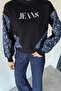 Gülseli Women's Crew Neck Embroidered Front and Denim Trimmed Embellished Sweatshirt - 2